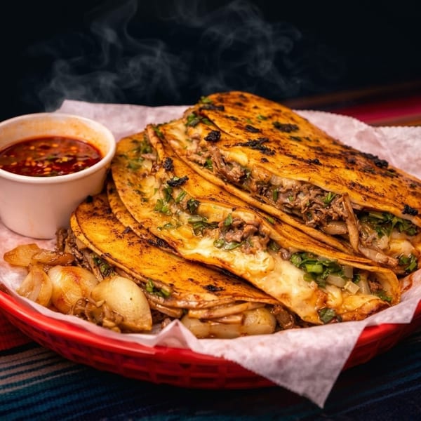 Steaming birria tacos with melted cheese, cilantro, onions, and a side of consommé.