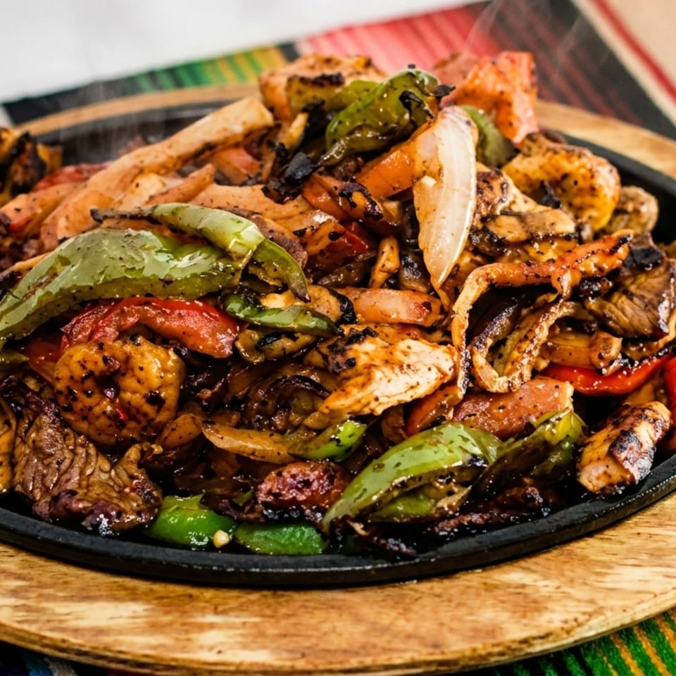 Sizzling fajitas with steak, chicken, shrimp, peppers, and onions on a cast iron skillet.