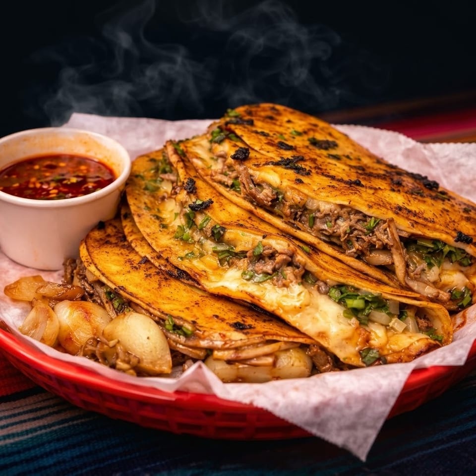 Steaming birria tacos with melted cheese, cilantro, and onions, served with a side of consommé.