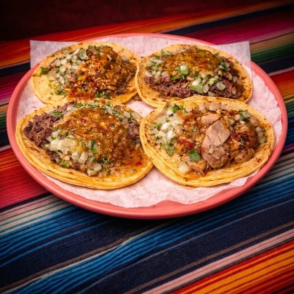 Four street tacos with various meats, salsa, and onions on a pink plate over a colorful striped cloth.