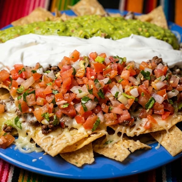 Loaded nachos with ground beef, melted cheese, pico de gallo, sour cream, and guacamole on a blue plate.