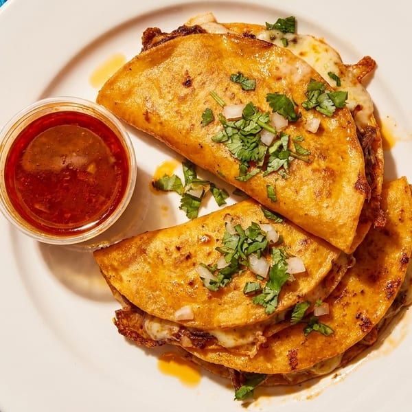 Three golden-brown birria tacos with melted cheese, cilantro, and onions, served with consommé.