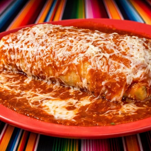 A large, smothered burrito covered in red sauce and melted cheese on a red plate.