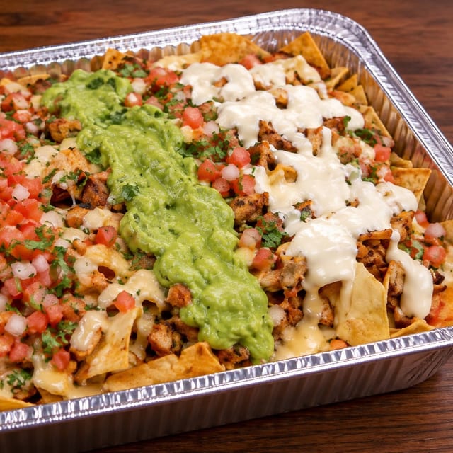 TRAY OF MEAT NACHOS.